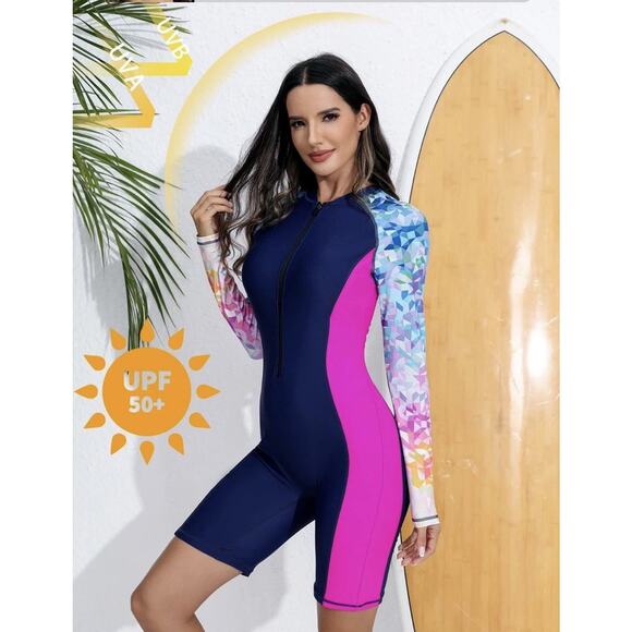 Women's Boyleg One Piece Rash Guard with Built in Bra UPF50+ Zip Long Sleeve NWT - Picture 1 of 8